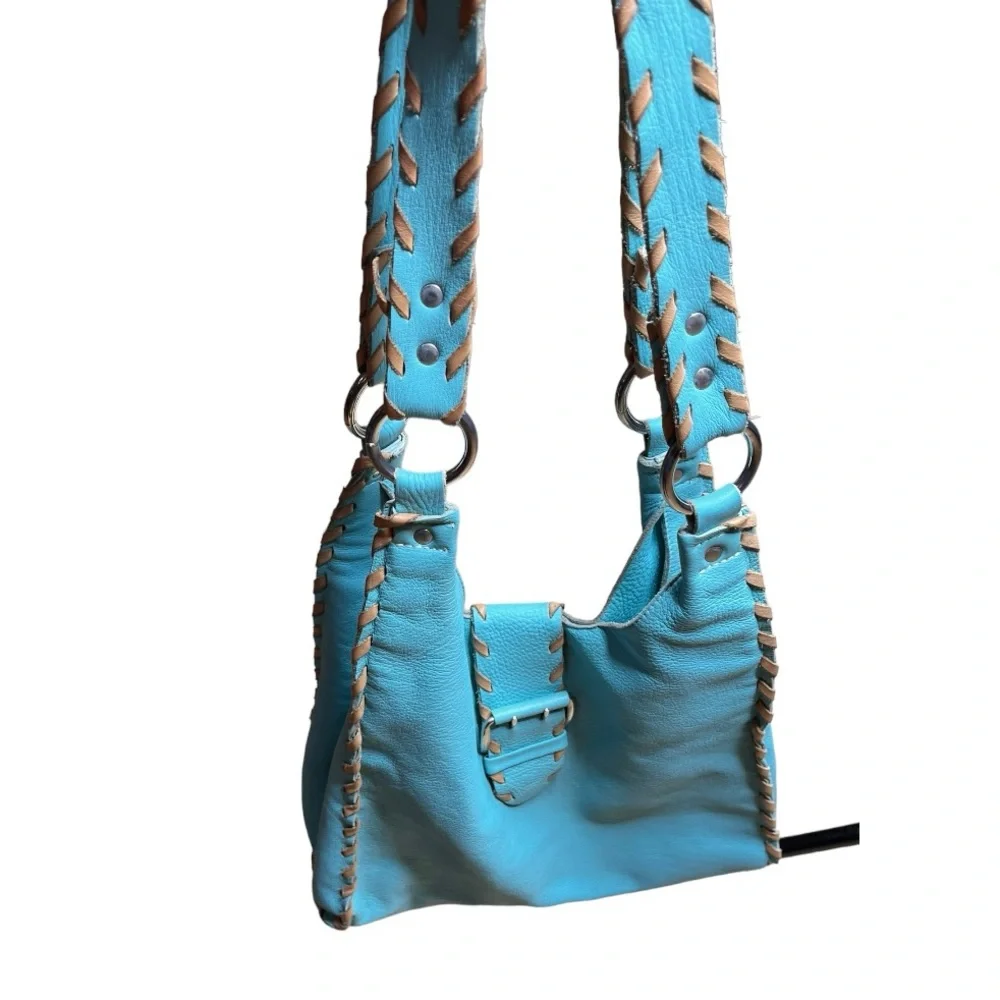 Carla Mancini open stitch leather braid through string blue leather slouch bag - Picture 12 of 12